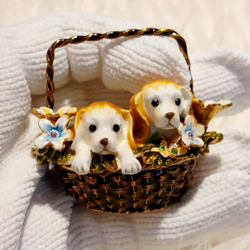 Bejeweled Puppies in Basket Hinged Metal Enameled Trinket Box  - New